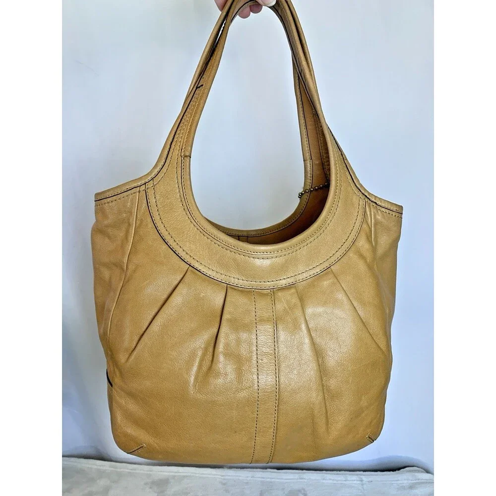 Coach Pleated Ergo Tote #12240 Tan Leather Tattersall Lining 2008 Shoulder Bag
